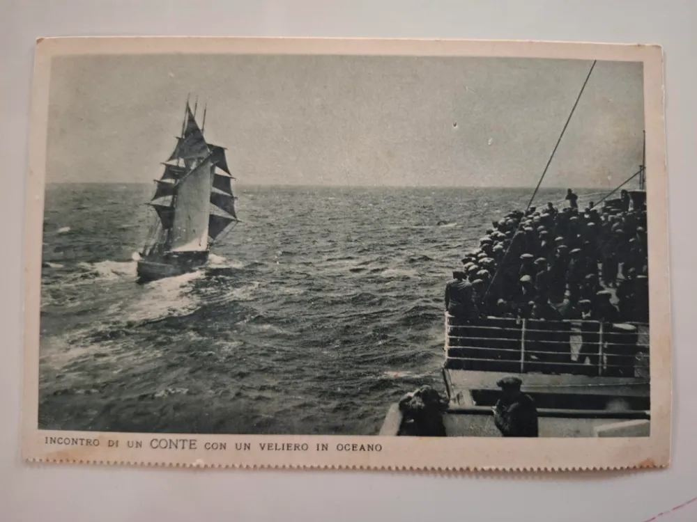 Incontro di un Conte con un veliero in oceano - Da bordo del Lloyd Sabaudo - servizi celerissimi di Gran Lusso Mediterraneo