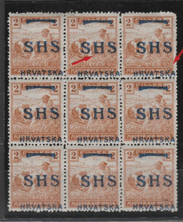 SHS Hrvatska serija Žetelice 2fl tipična greška "DUGI KRAK K" luxe deveterac ** mnh