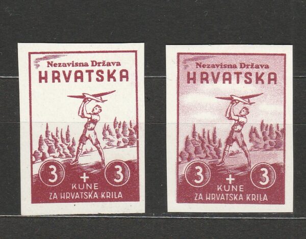 NDH 1942 Za Hrvatska Krila 3+3kn rumena i blijeda proba na kunstdruck papiru MNH**