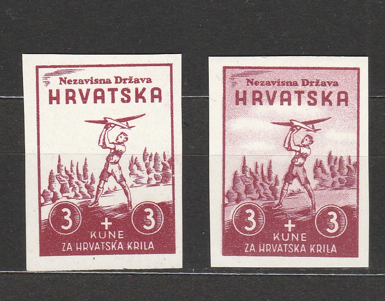 NDH 1942 Za Hrvatska Krila 3+3kn rumena i blijeda proba na kunstdruck papiru MNH**