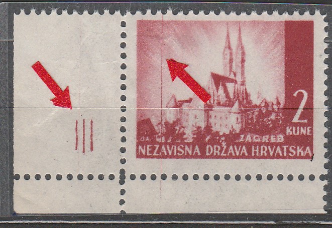 NDH 1941 Zagreb 2kn - oznaka ploče/arka III sa greškom tiska ** MNH