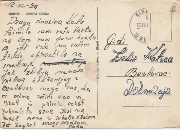 Razglednica Šibenik centar grada - poslano u Benkovac 1956 - Slika 2