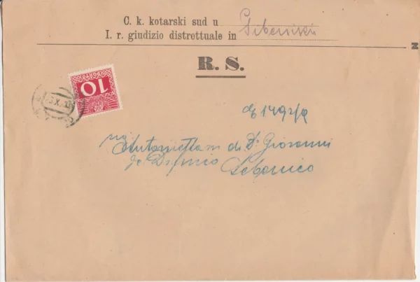 Pismo Austrougarska 1910 kotarski sud Šibenik Sebenico porto marka 10 hellera