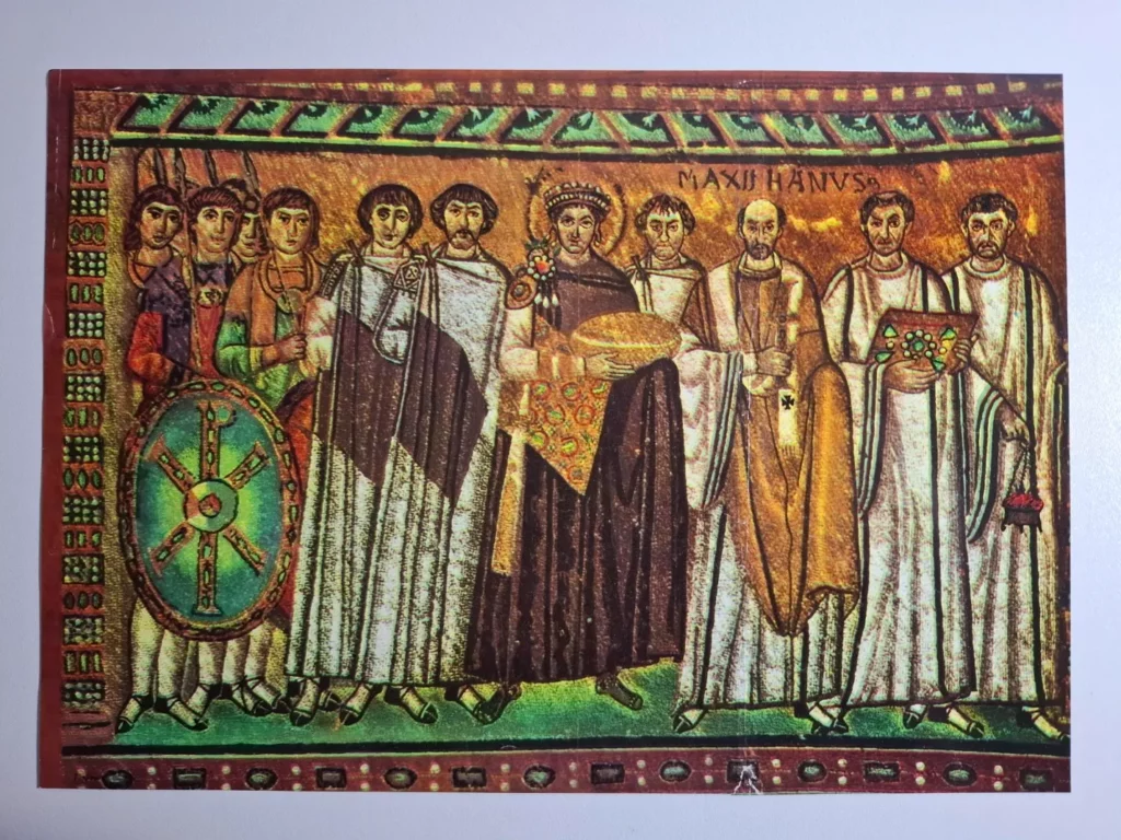 Reprodukcija bizantinski mozaik Teodore i Justinijana u bazilici San Vitale Ravenna na kvalitetnom papiru, sitan pregib