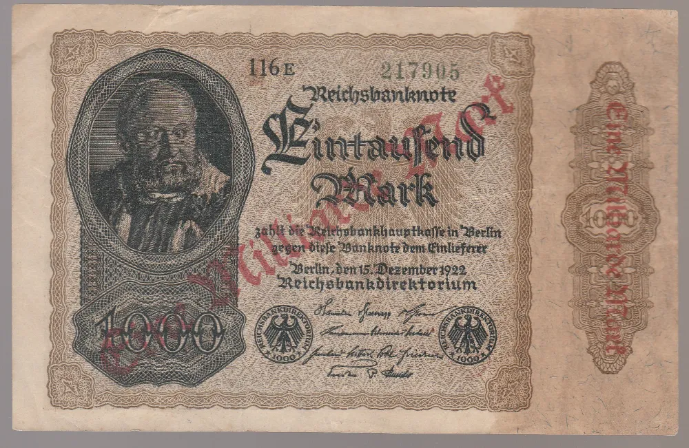 Njemačka 1922 Weimar Republik - 1 milijarda maraka, crveni pretisak eine milliarde mark, hiperinflacija Reichsbanknote