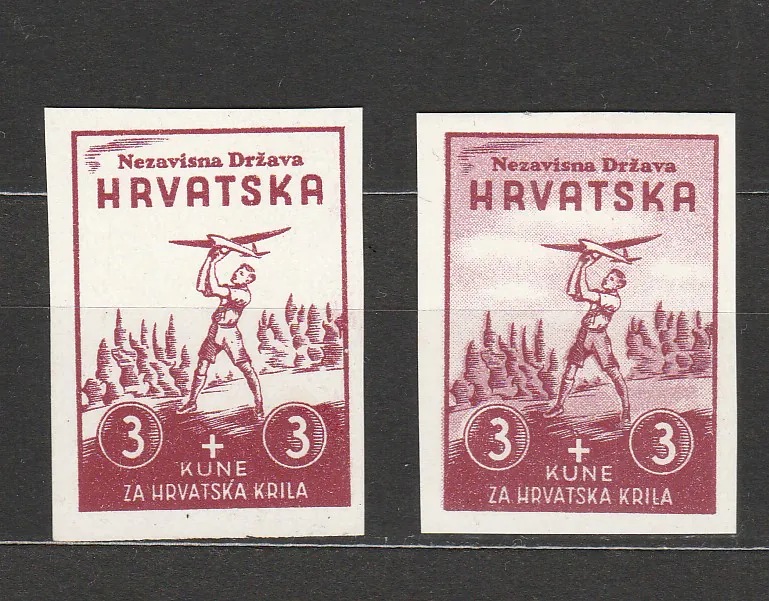 NDH 1942 Za Hrvatska Krila 3+3kn rumena i blijeda proba na kunstdruck papiru MNH**