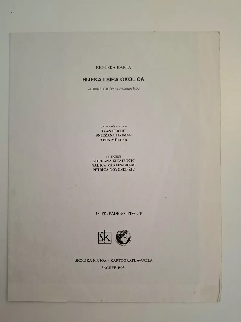 Regijska karta Rijeka i šira okolica - za prirodu i društvo u Osnovnoj školi Zagreb 1995