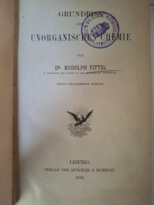 Grundriss der unorganischen chemie - Rudolph Fittig (anorganska kemija) 1882. godina