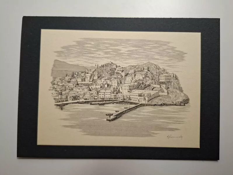Veduta - grafika otok Hydra Grčka 17x12cm , luka - molo