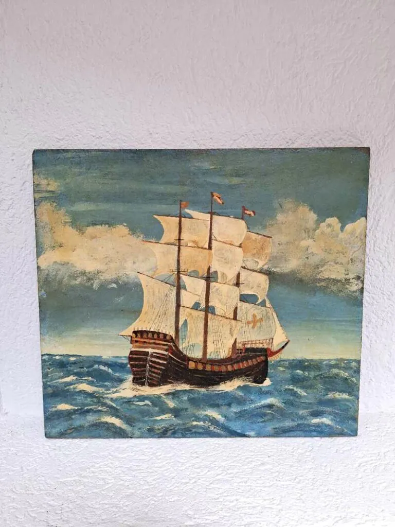 Pomorska slika - ulje na drvenoj ploči koja prikazuje jedrenjak poput galeona